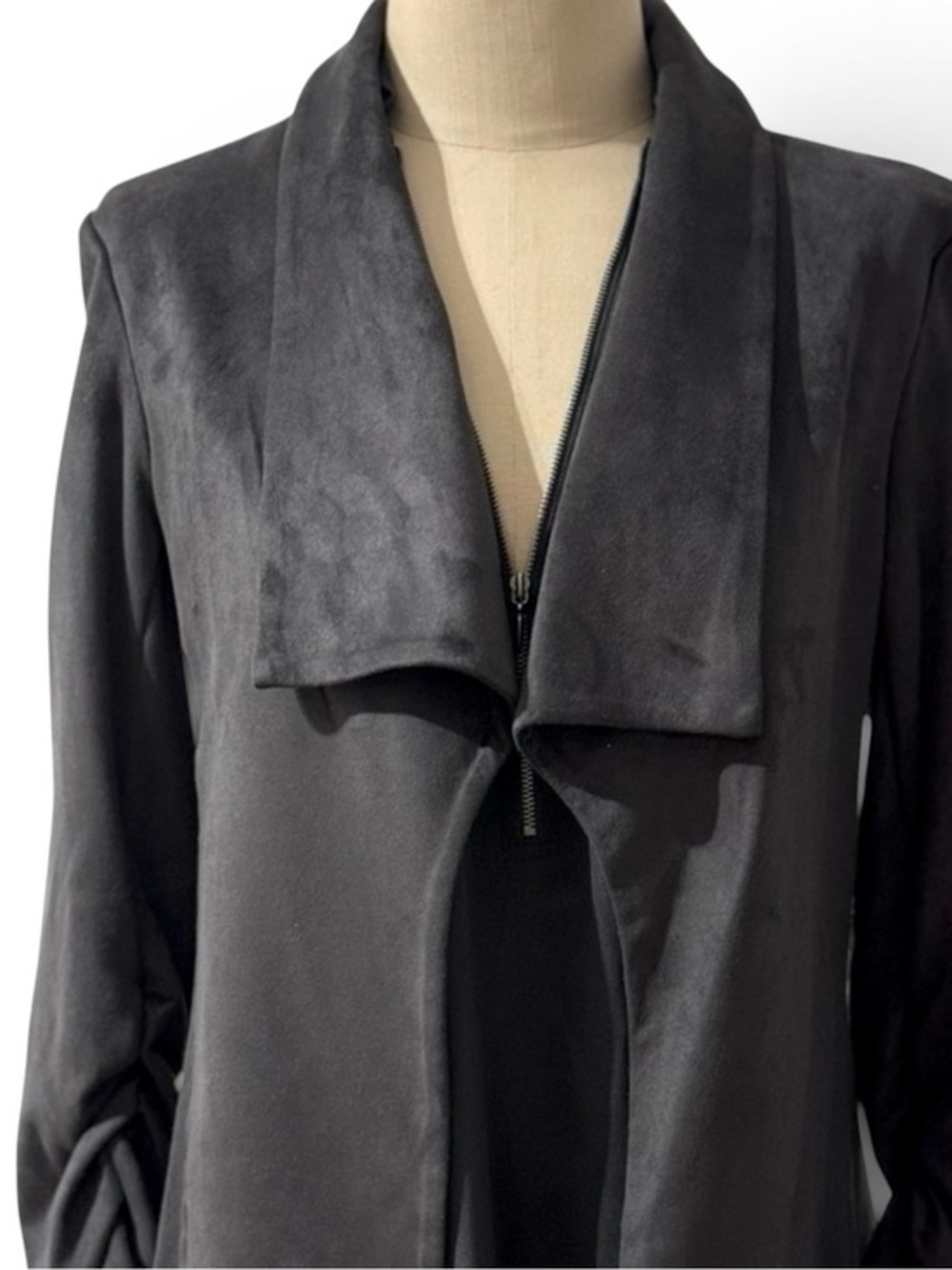Black Faux Suede Open Draped Jacket